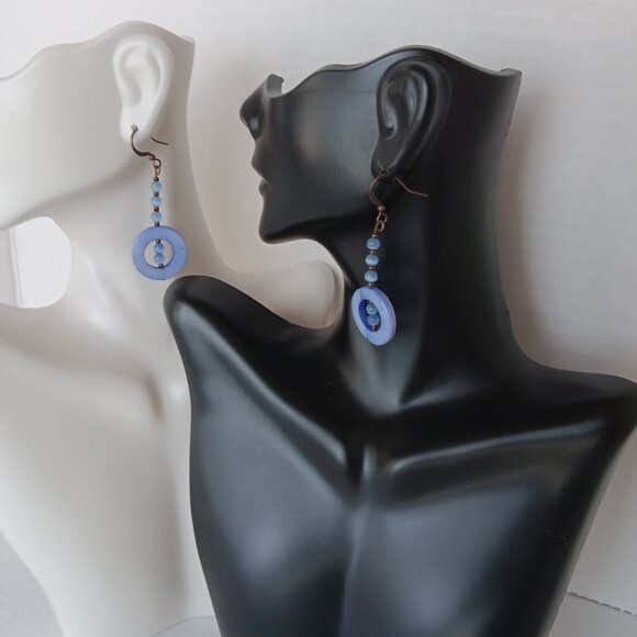 Handmade Periwinkle Blue Earrings With Dyed Shells and Banded Agate Beads - Picture 4 of 16